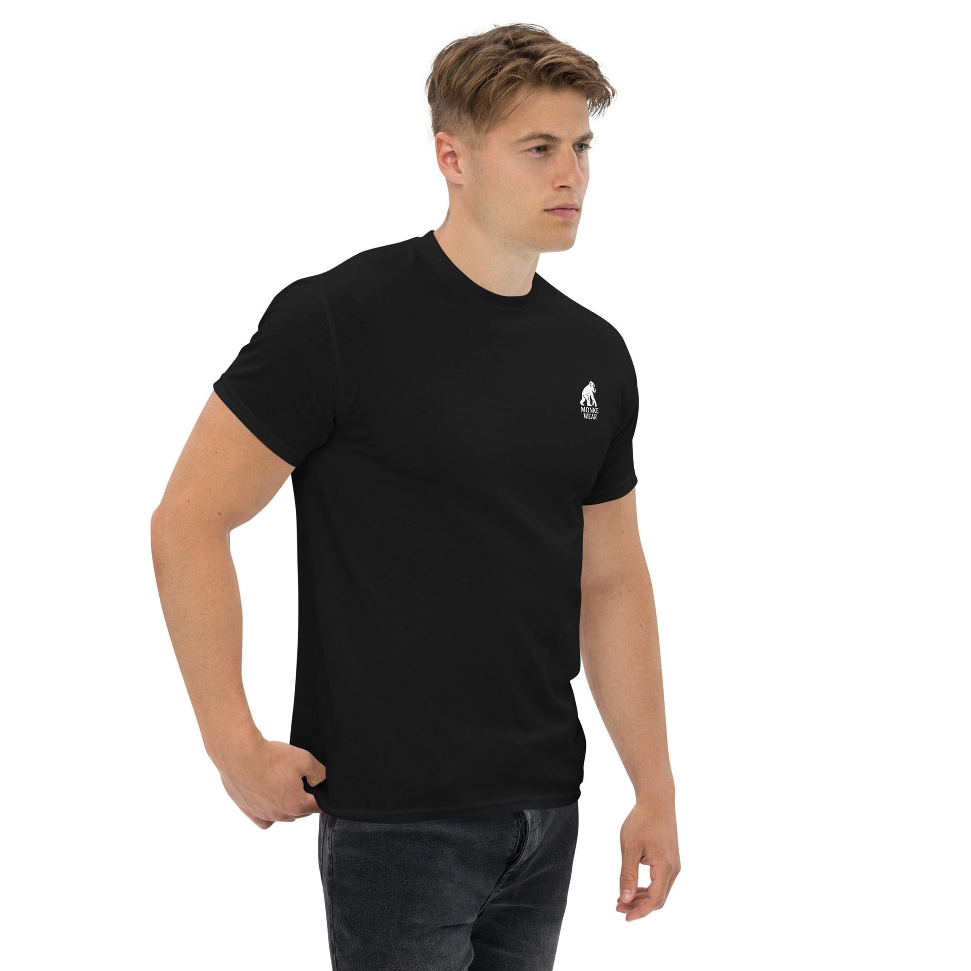 man waring tshirt with monke wear logo